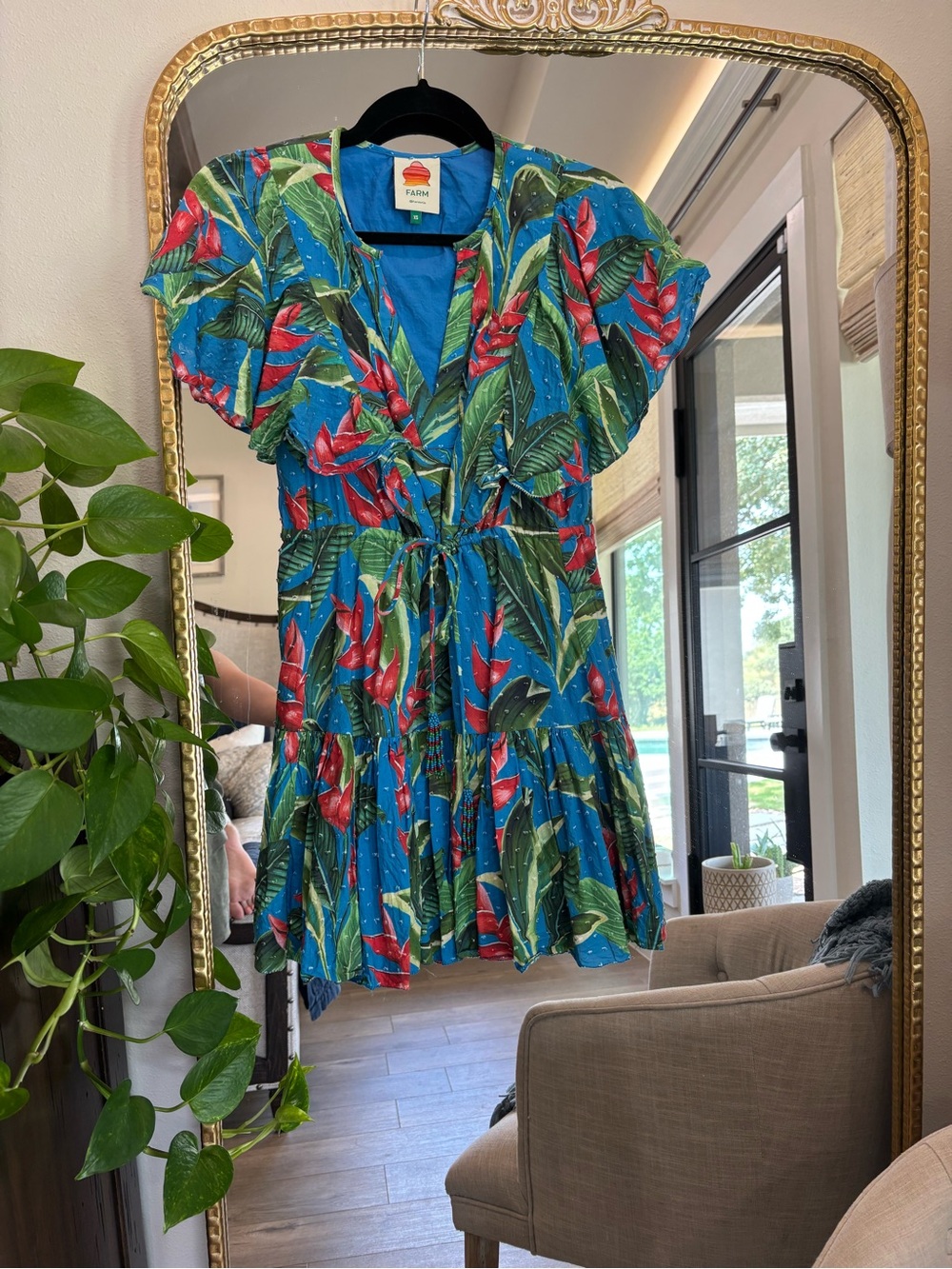 FARM Rio Blue Tropical Leaf & Red Floral Mini Dress